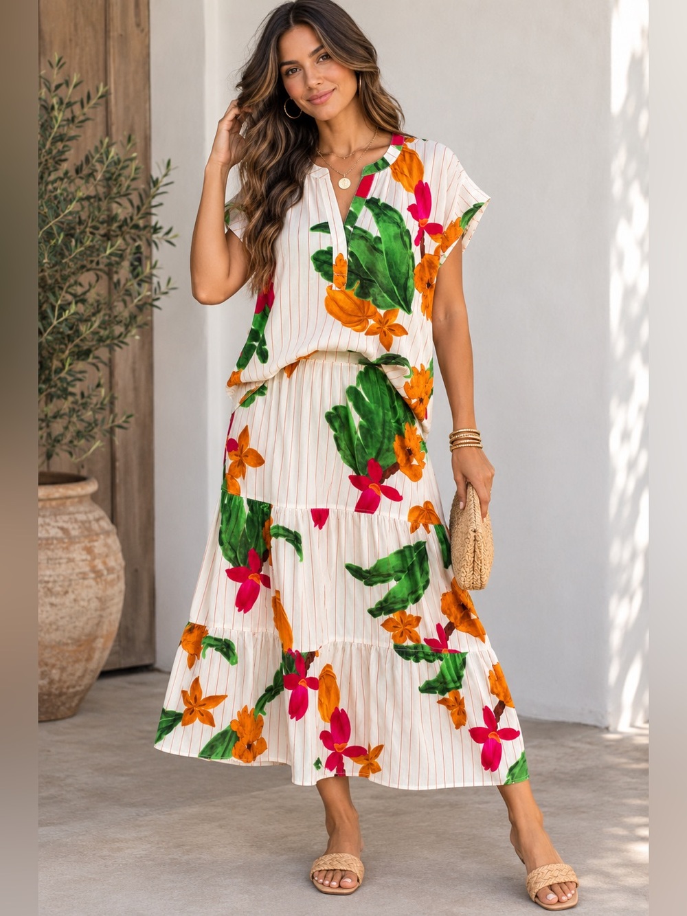 Maude Vivante Ada Striped Bananas Tropical Floral Tiered Maxi Skirt Size L NWT